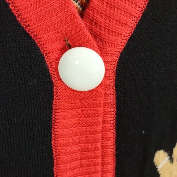 Tipsy Elves Black Cardigan with Red Trim and Festive Motifs - Picture 4 of 17